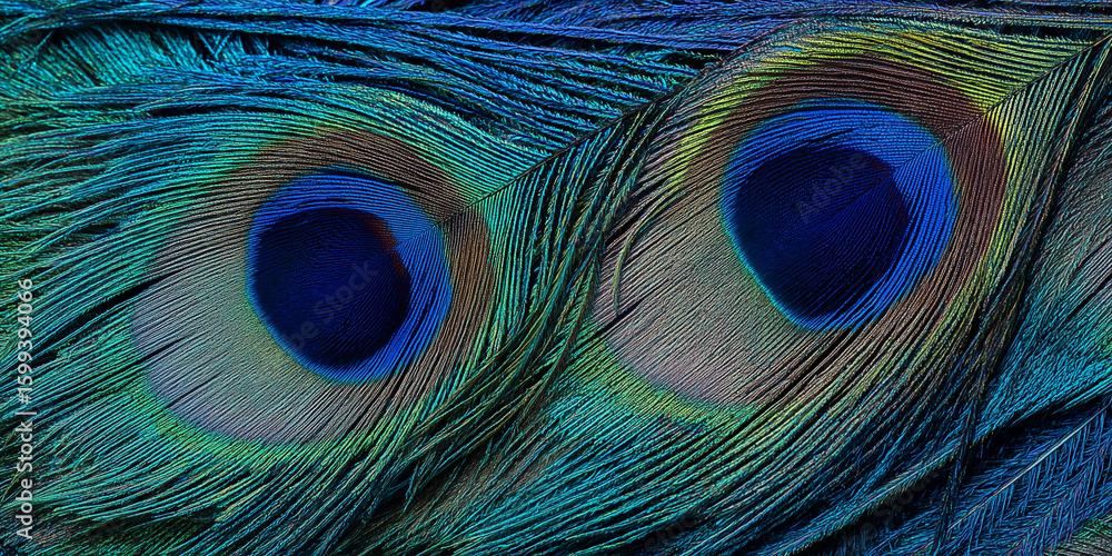 Fototapeta premium Detailed Peacock Feather Pattern with Iridescent Blue and Green Texture Background