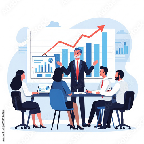 Business Planning Concept. Contemporary flat style vector illustration of a businessman giving a business forecast to a four of colleagues sitting at a desk with a growing graph in background.