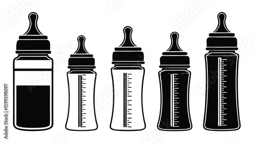 Simple line art illustration of various baby bottles with measuring scale in black and white