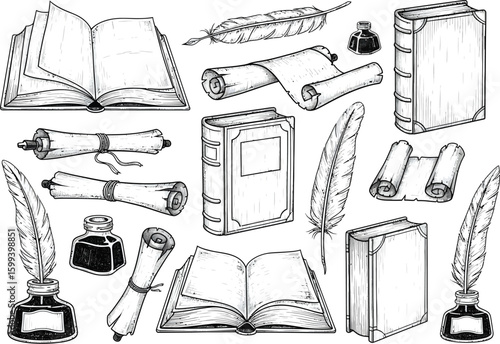 Collection of vintage writing instruments including open and closed books quill pens and inkwells on a white background
