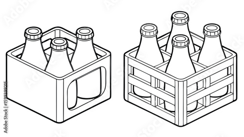Two black and white crates filled with bottles ideal for beverage advertising designs and illustrations