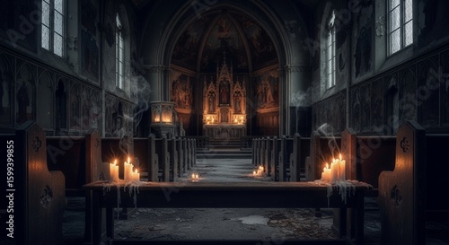 Old Church Interior with Lit Candles and Religious Artwork