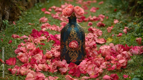 Decorative Bottle Amidst Rose Petals: A Serene Garden Scene
