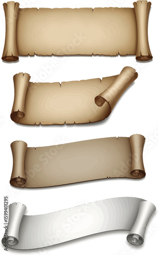 Collection of four aged parchment scrolls and one modern silver ribbon banner on a white background