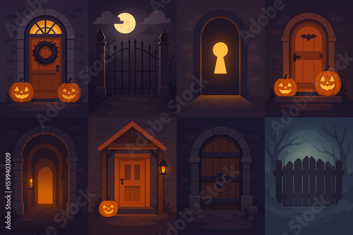 Set of Halloween Entrances Vector – Haunted Door, Creaky Gate, Pumpkin Porch