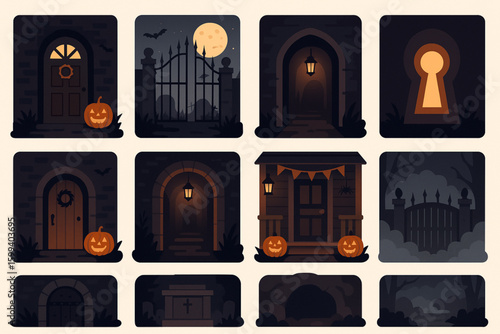 Set of Halloween Entrances Vector – Haunted Door, Creaky Gate, Pumpkin Porch