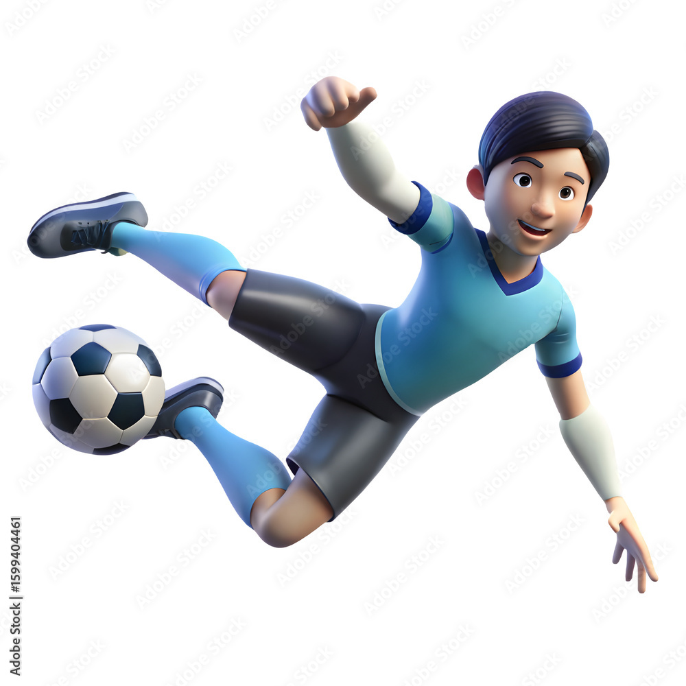 Fototapeta premium Animated boy in blue uniform performs a bicycle kick with a soccer ball