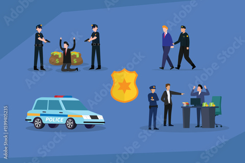 Police Investigations and Arrests: Crime and Justice Set 2d  vector illustration