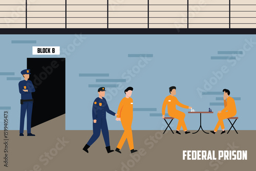 Federal Prison Life: Inmates and Guards in a Correctional Facility 2d  vector illustration