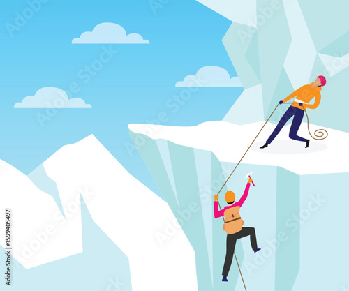 Mountain Climbing and Teamwork: Ascending an Icy Peak 2d  vector illustration