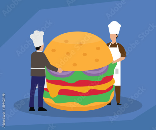 Giant Burger and Chefs: Culinary Creation and Food Service 2d  vector illustration