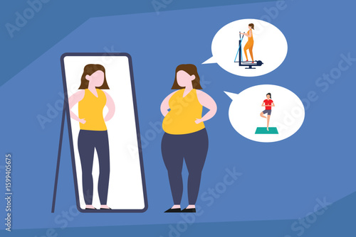 Weight Loss Journey: Woman Imagining Herself Thinner and Exercising 2d  vector illustration