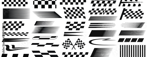 Racing Stripe Vector Set Featuring Race Car Graphics, Checkered Flag Designs, Speed Decals, Dynamic Lines, and Motorsport Competition Elements

