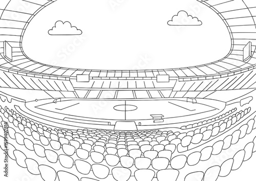 Stock photo of soccer stadium with blue seats and green grass field, maracana, coloring page