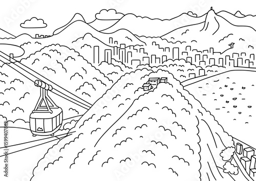 Rio de janeiro sugarloaf mountain cable car cityscape aerial view, coloring page