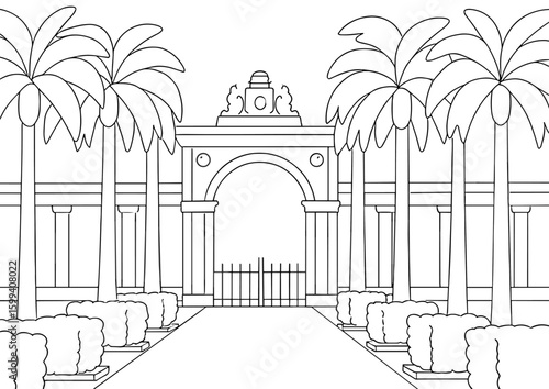 Beautiful tropical garden archway with palm trees landscape photography, quinta da boa vista, coloring page