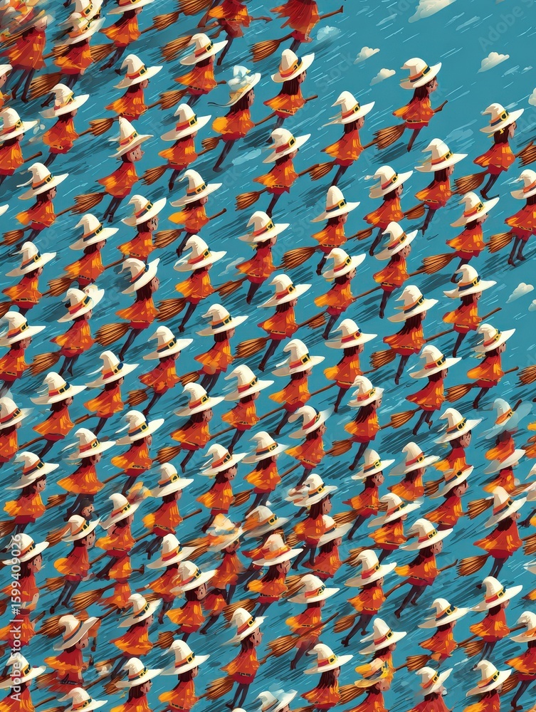 Obraz premium Numerous dancers in white hats and red outfits performing synchronized moves on a blue floor with shadows visible.