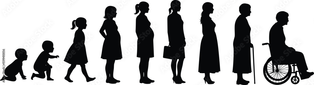 Human life cycle progression illustration, silhouette style, diverse age stages from baby to elderly, aging timeline, growth journey representation Human life cycle progression illustration, silhouette style, diverse age stages from baby to elderly, aging timeline, growth journey representation