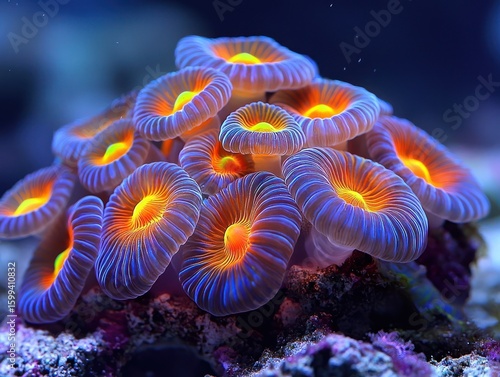 Vibrant coral cluster in an aquarium.  Close-up of numerous,  radiating,  circular corals in vivid blues and oranges.  Soft focus background