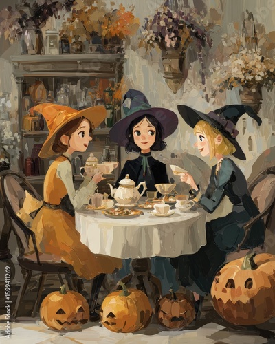 Three witches enjoy tea and snacks at a cozy table surrounded by pumpkins and autumn decor, celebrating a warm, festive Halloween gathering.
