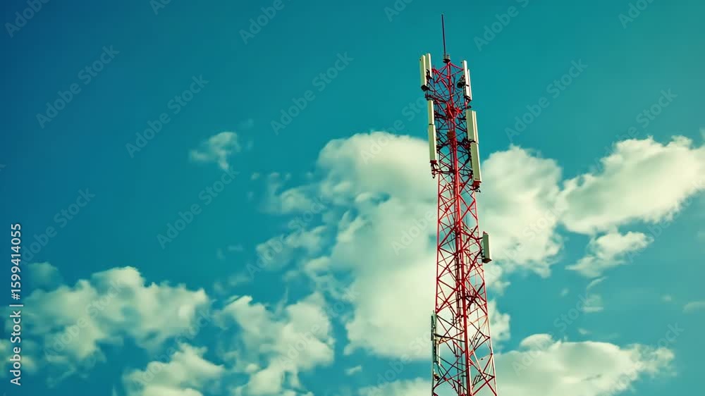 Cell tower against blue sky with clouds, wireless technology and communication infrastructure. Telecommunication antenna for mobile network and internet.