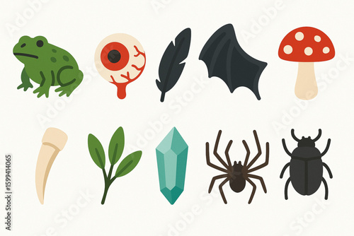 Witch Potion Ingredients Flat Icons – Toad, Eyeball, Crow Feather, Bat Wing