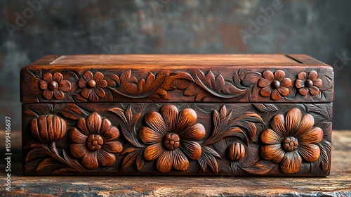 Intricate floral carving on antique wooden box.