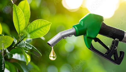 Biofuel pump with green leaves, and sunlight.