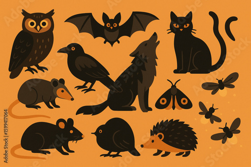 Set of Halloween nocturnal animals flat vector icons