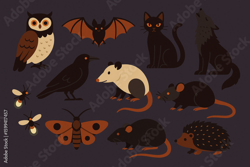 Set of Halloween nocturnal animals flat vector icons