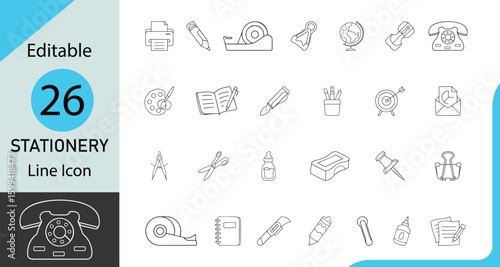 Unique, Clean and variety style Stationery vector icon collection, Editable line art Stationery vector icon set like compass, crayon, hourglass, globe, notebook, pencil, pencil holder and more