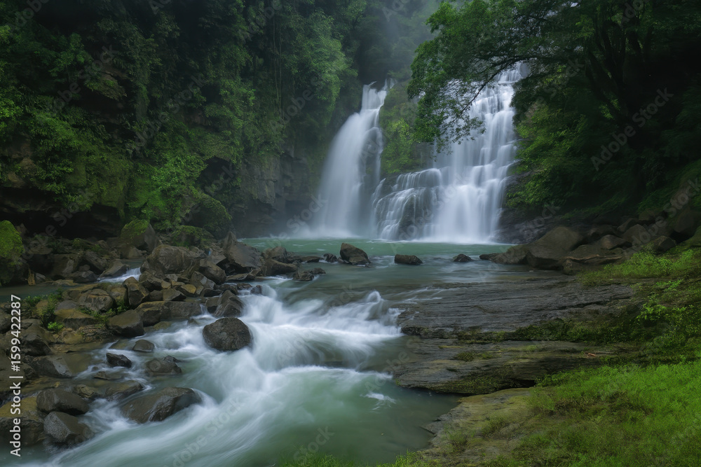 Naklejka premium Waterfall with flowing river and rocks surrounded by lush green forest creating peaceful scene