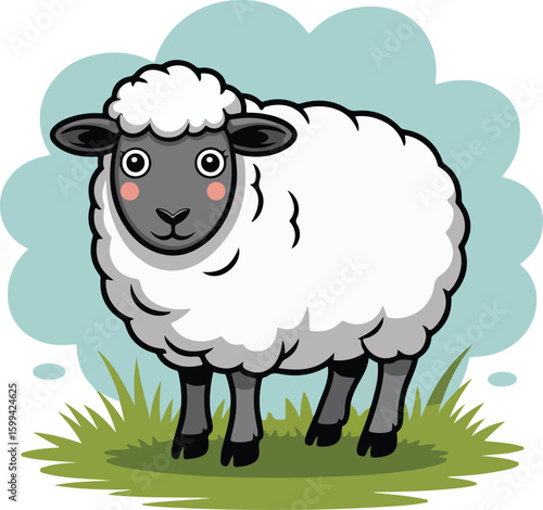 A cartoon sheep, with a fluffy white wool coat, stands calmly, with a smile on a green lawn Transparent png vector isolated