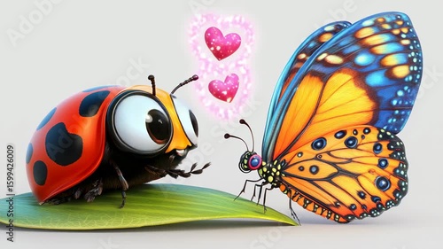 Cute ladybug and butterfly with hearts on green leaf showing love in bright colorful cartoon style