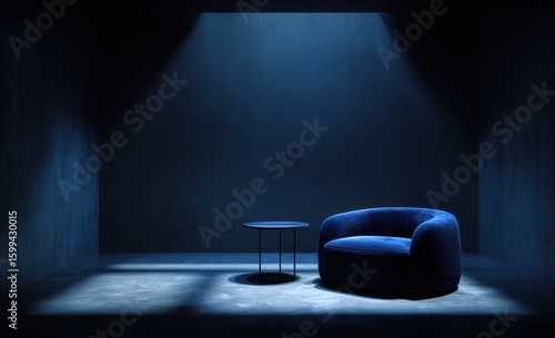 Deep blue velvet armchair and small table in a dimly lit room.