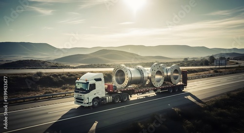 Flatbed truck transporting oversized industrial parts, open highway and distant hills with soft sky area © Norul Amin