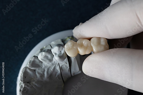 Close-up top view of dental cast with quartz dental bridge spanning teeth 5 to 7, held by two fingers in white gloves. Dental prosthetics and lab work concept on dark background.