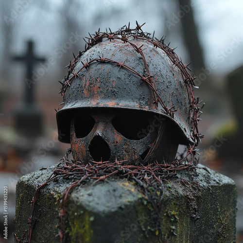 Helmet with barbed wire sits on a grave.