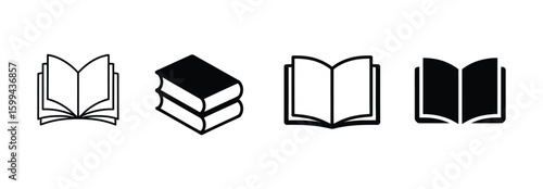 Vector art of four black and white book icons are displayed horizontally showcasing different perspectives and arrangements of books