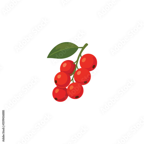 Cluster of ripe red currants with a green leaf isolated on white background