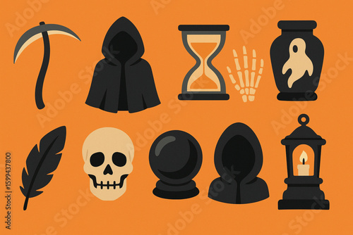 Set of grim reaper flat Halloween vector icons