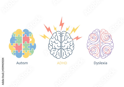 Minimalist Neurodiversity Icon Set: Vector Symbols for Autism, ADHD, and Dyslexia