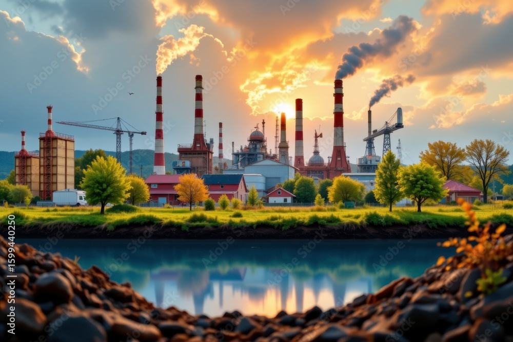Naklejka premium Industrial Landscape at Sunset with Smokestacks, Water Reflection, and Lush Trees in Foreground