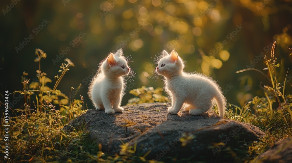 Obraz premium Cute white kitten in Park in nature stands on stone in outdoor. Two Fluffy kittens play in grass in sunlight at sunset.