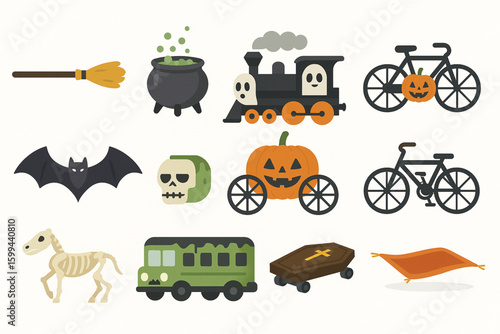 Set of Halloween-themed vehicles flat vector icons