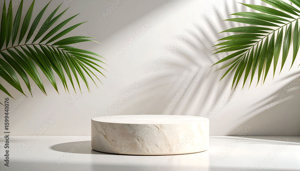 Marble podium with palm leaves, and sunlight. Marble podium with palm leaves, and sunlight.
