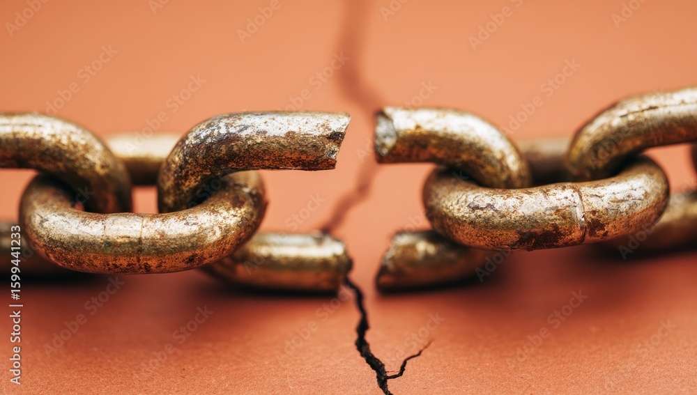 Obraz premium Rusty chain link broken on orange surface.