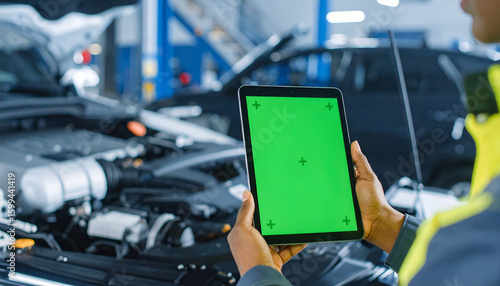 Mechanic using green screen tablet.