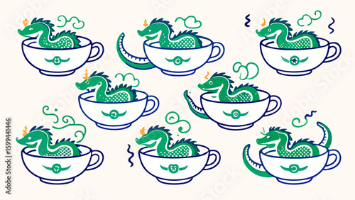 Vector Icons of Dragons Sleeping Curled Around Teacups