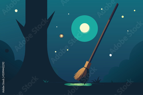 Witchs broom by a glowing lantern and tree during Halloween vector illustration